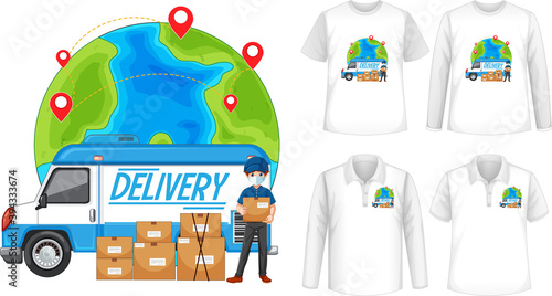 Set of different types of shirts with delivery logo screen on shirts