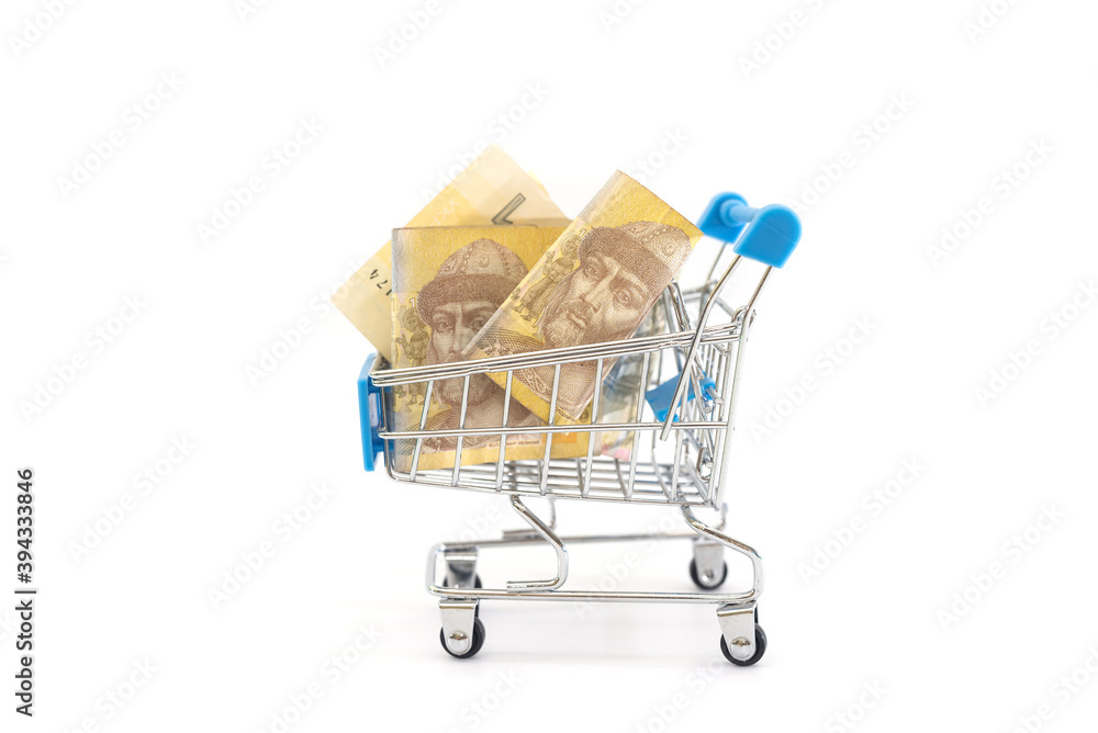 hryvnia in a toy shopping cart isolated on white.