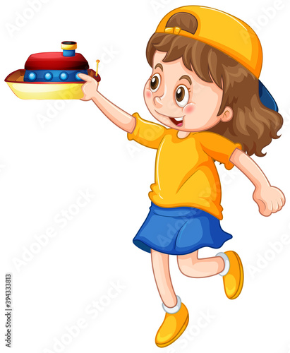 Happy girl playing boat toy