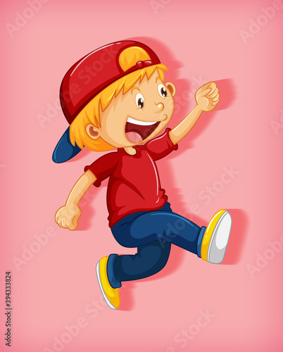 Cute boy wearing red cap with stranglehold in walking position cartoon charac...