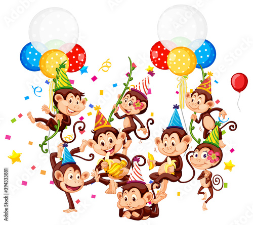 Photography Monkey group in party theme cartoon character on white background