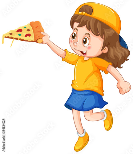 Happy girl holding a slice of pizza