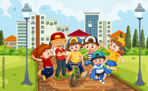 Children group in the park scene