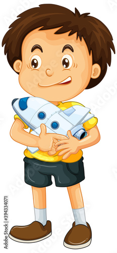 Boy holding rocket toy