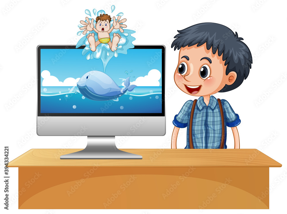 Happy boy next to computer screen with ocean scene Happy boy next to computer screen with ocean scene