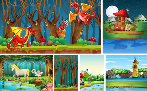 Six different scene of fantasy world with dragon and fantasy places