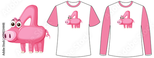 Set of two types of shirt with pig in number four shape screen on t-shirts