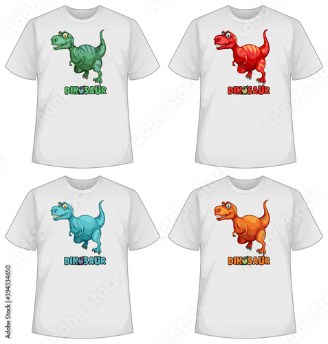 Set of different colour dinosaur screen on t-shirts