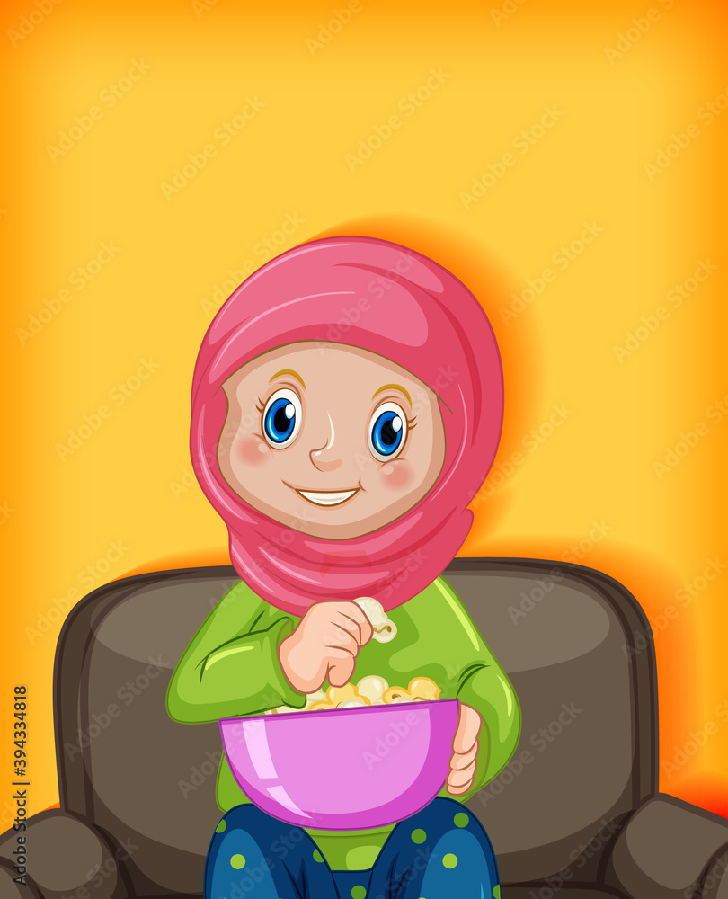 Female muslim cartoon on character eating popcorn Female muslim cartoon on character eating popcorn