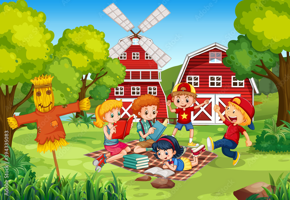 Obraz premium Kids reading books at the yard
