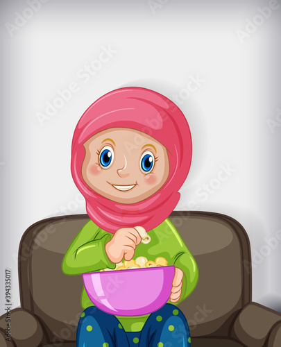 Female muslim cartoon on character eating popcorn