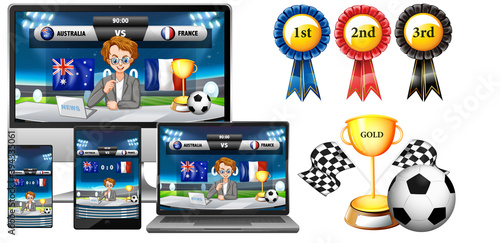 Set of sport news on electronic gadget screen with award objects