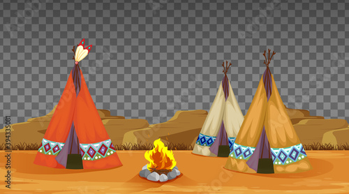 Tent house and fire camping on transparent background