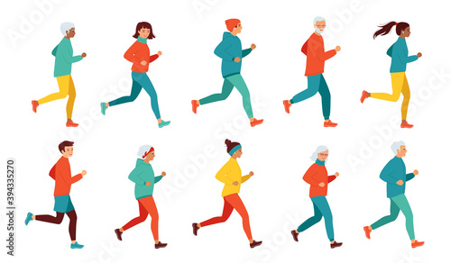 Collection of running women and men of different ages and nationalities. Healthy lifestyle, active retired seniors. Morning, evening jogging, city marathon, competitions. Isolated vector illustration