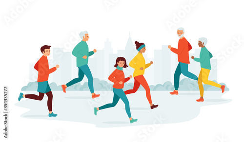 Women and men of different ages and nationalities run in the city park. Сoncept of an active healthy lifestyle, leisure. Morning, evening jogging. Collection of running people. Vector illustration