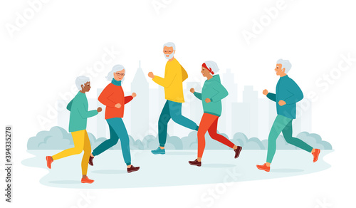 Gray-haired elderly diverse women and men are running in city park. Concept of a healthy lifestyle for retirees, active seniors people. Morning, evening jogging of couple, friends. Vector illustration