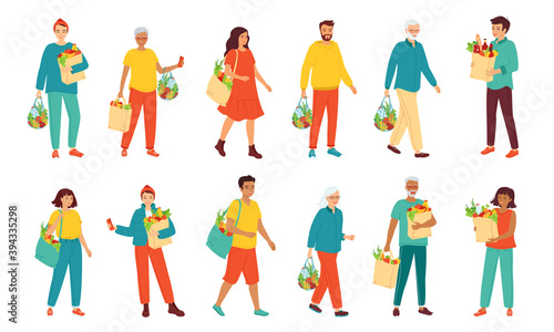 Collection men and women different ages and nationalities holding natural products. People with a grocery bag. Healthy fresh food, fruits and vegetables. Zero waste, vegetarianism. Vector illustration