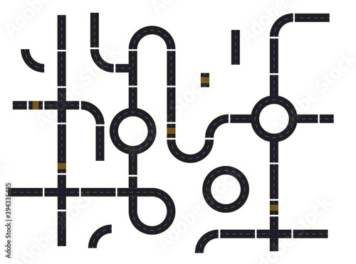Constructor roads set. Connectible road elements. Top View Position. Stock vector illustration elements of highway on white isolated background. 
