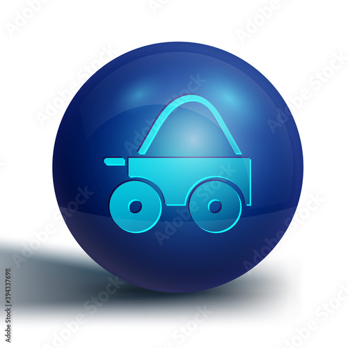 Blue Wooden four-wheel cart with hay icon isolated on white background. Blue circle button. Vector.