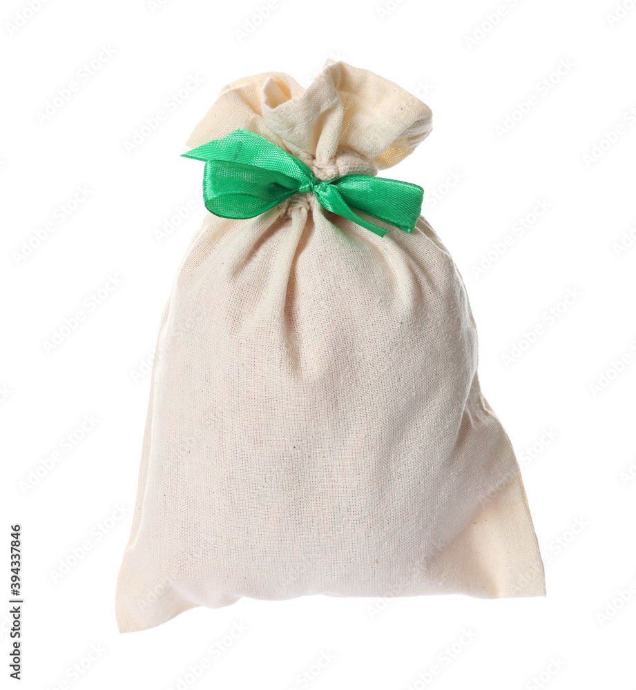 Small bag with green ribbon isolated on white. Christmas advent calendar Small bag with green ribbon isolated on white. Christmas advent calendar