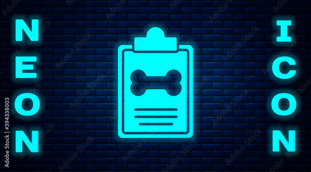 Glowing neon Clipboard with medical clinical record pet icon isolated on brick wall background. Health insurance form. Medical check marks report. Vector. Glowing neon Clipboard with medical clinical record pet icon isolated on brick wall background. Health insurance form. Medical check marks report. Vector.