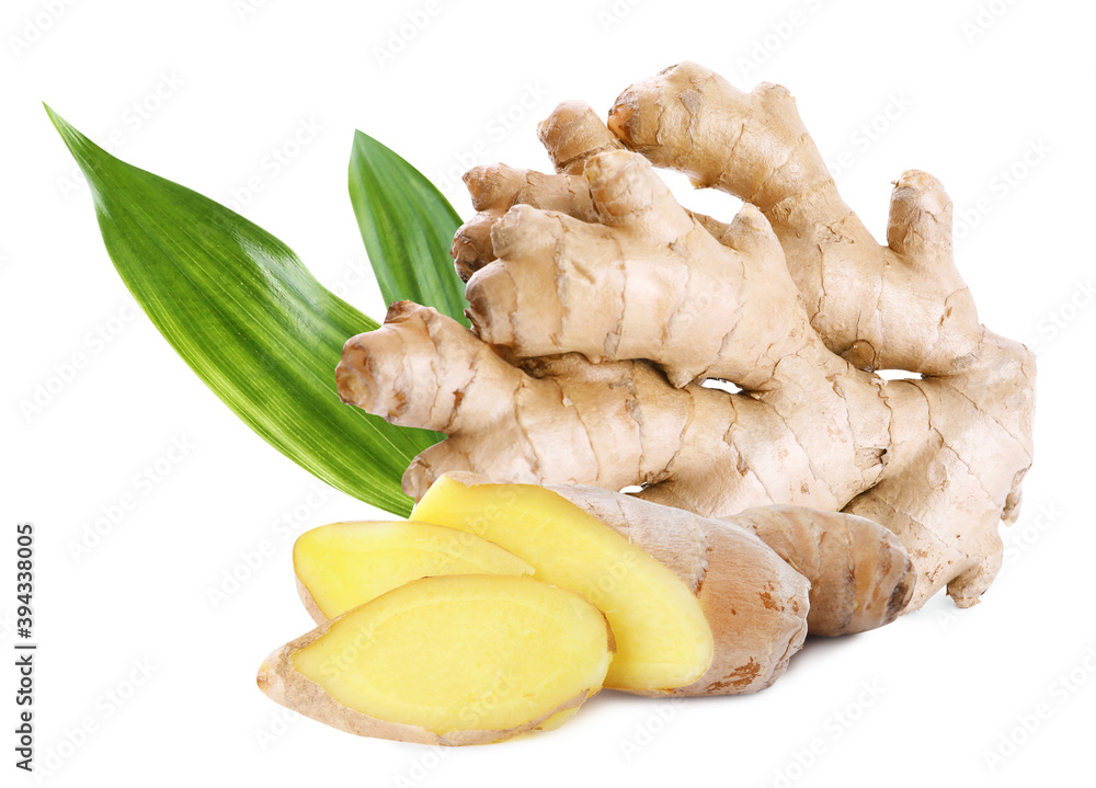 Aromatic fresh ginger with green leaves on white background Aromatic fresh ginger with green leaves on white background