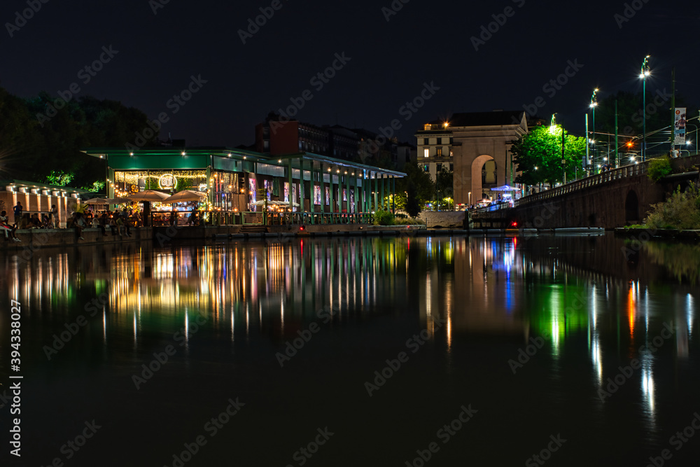 Colorful, stunning Milan dockyard, Darsena di Milano area during the night. Long exposure photography
