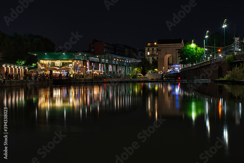 Colorful, stunning Milan dockyard, Darsena di Milano area during the night. Long exposure photography