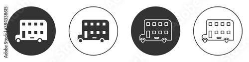 Black Double decker bus icon isolated on white background. London classic passenger bus. Public transportation symbol. Circle button. Vector.