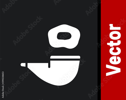 White Smoking pipe with smoke icon isolated on black background. Tobacco pipe. Vector.