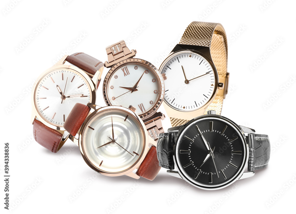 Collage of stylish watches on white background
