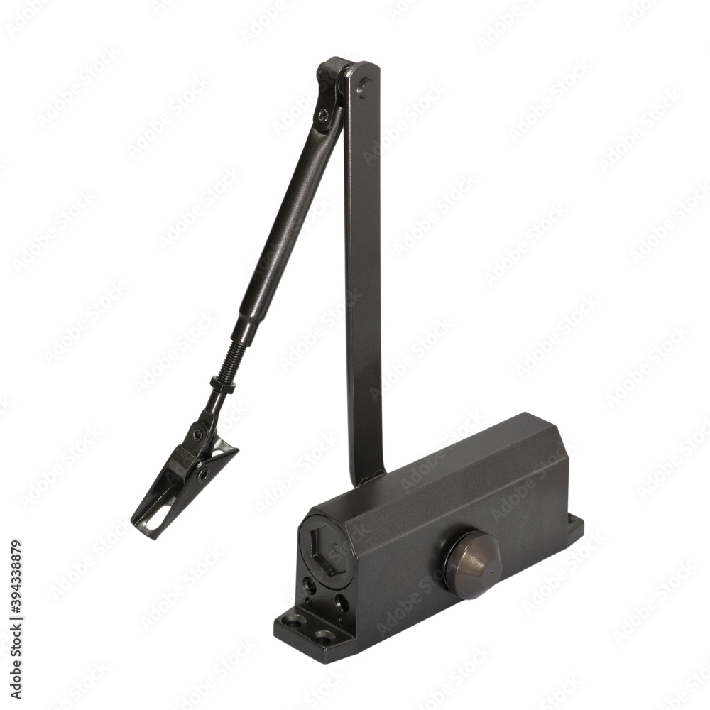 Automatic outdoor door closer in brown on a white background, which gracefully closes even a massive door Automatic outdoor door closer in brown on a white background, which gracefully closes even a massive door