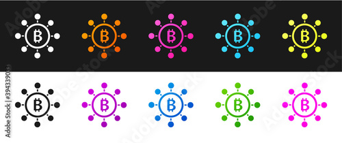 Set Blockchain technology Bitcoin icon isolated on black and white background. Abstract geometric block chain network technology business. Vector.