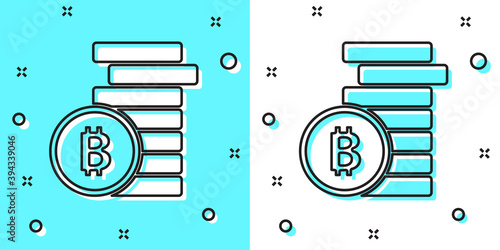 Black line Cryptocurrency coin Bitcoin icon isolated on green and white background. Physical bit coin. Blockchain based secure crypto currency. Random dynamic shapes. Vector.