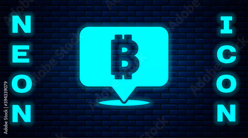 Glowing neon Cryptocurrency coin Bitcoin icon isolated on brick wall background. Physical bit coin. Blockchain based secure crypto currency. Vector.
