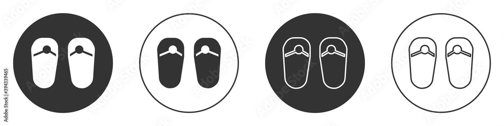 Black Flip flops icon isolated on white background. Beach slippers sign. Circle button. Vector. Black Flip flops icon isolated on white background. Beach slippers sign. Circle button. Vector.