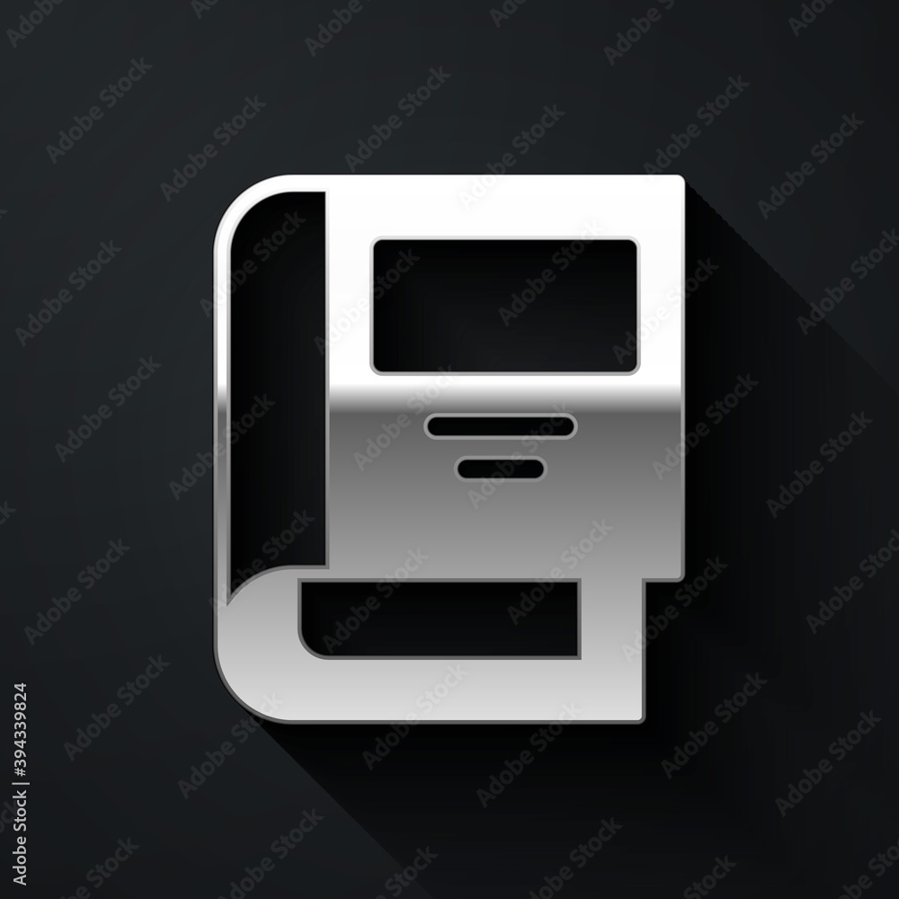 Silver History book icon isolated on black background. Long shadow style. Vector. Silver History book icon isolated on black background. Long shadow style. Vector.