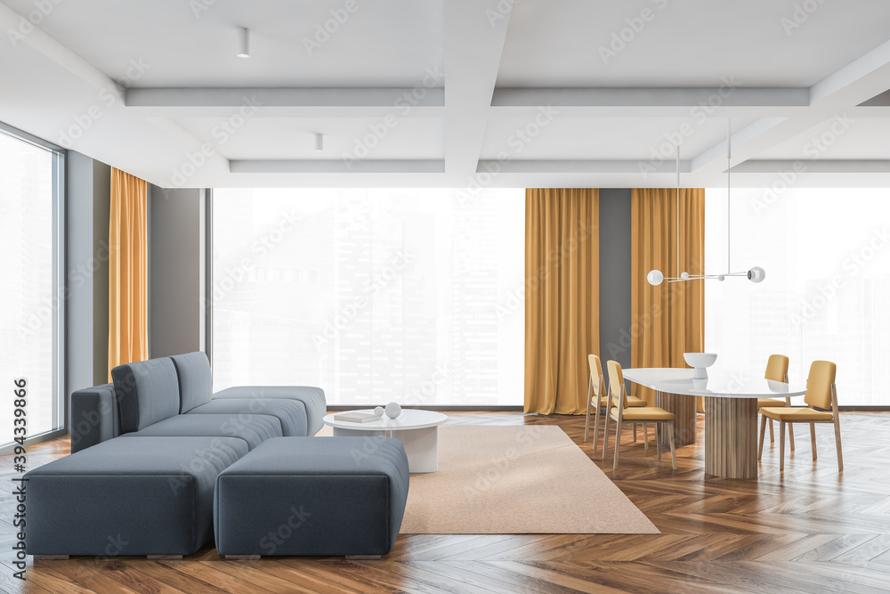 Living room with yellow and grey furniture, chairs and sofa and big windows Living room with yellow and grey furniture, chairs and sofa and big windows