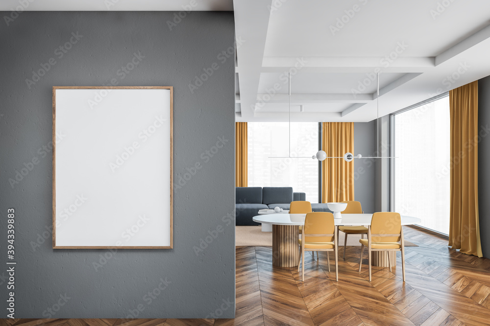 Mockup canvas and yellow and grey furniture in living room, chairs and sofa Mockup canvas and yellow and grey furniture in living room, chairs and sofa