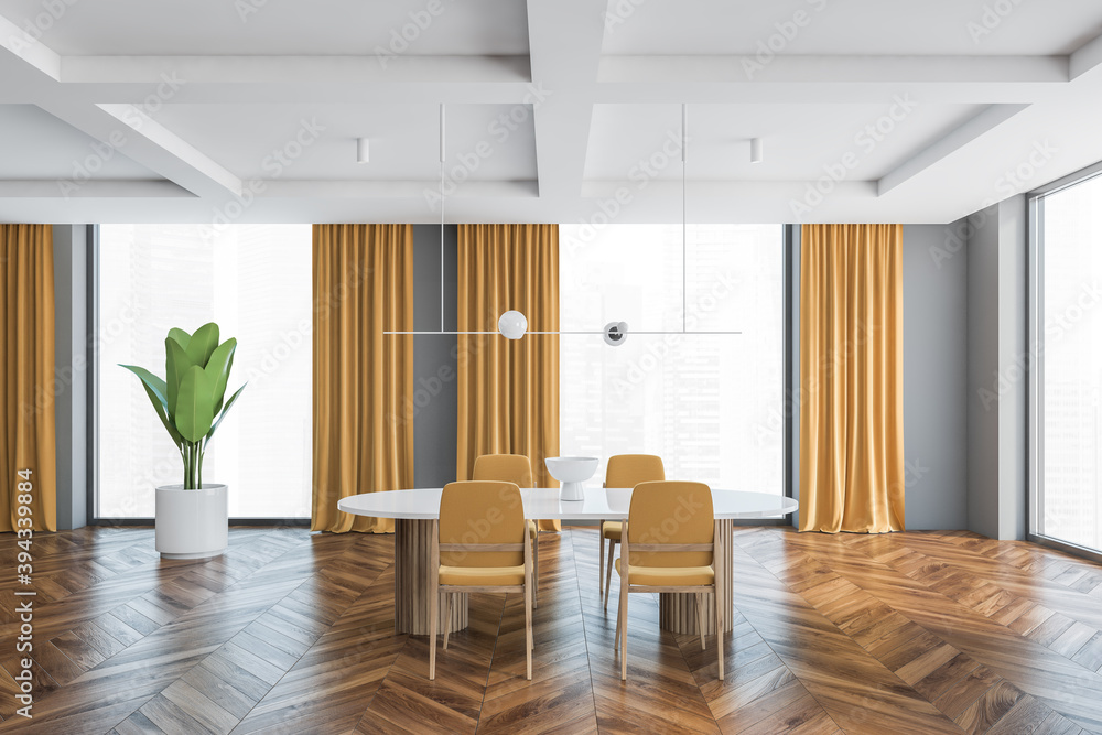 Fototapeta premium Living room four chairs and table, parquet and yellow curtains on big windows