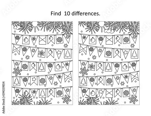 Find 10 differences visual puzzle and coloring page with winter holidays, New Year or Christmas bunting flags
