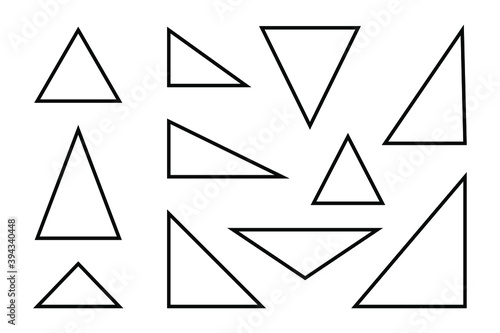 Triangles set, various black outlined triangles, vector illustration. photo
