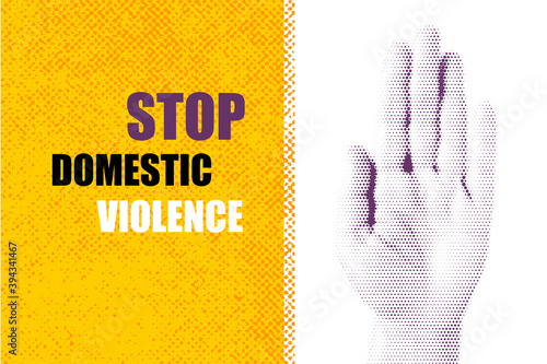 Domestic violence pop art banner on yellow background. Abstract violence domestic halftone vector illustration. Stop sign human hand with ribbon. Poster against crime. Stop domestic abuse.