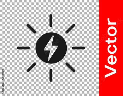 Black Solar energy panel icon isolated on transparent background. Sun with lightning symbol. Vector.