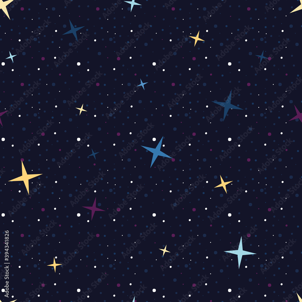 It's the seamless vector cartoon wallpaper with starry night sky. Small round and big four-pointed blue, purple, white and yellow stars are shining on the dark background. It's the seamless vector cartoon wallpaper with starry night sky. Small round and big four-pointed blue, purple, white and yellow stars are shining on the dark background.