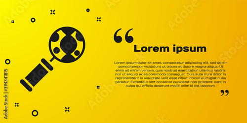 Black DNA research, search icon isolated on yellow background. Magnifying glass and dna chain. Genetic engineering, cloning, paternity testing. Vector.