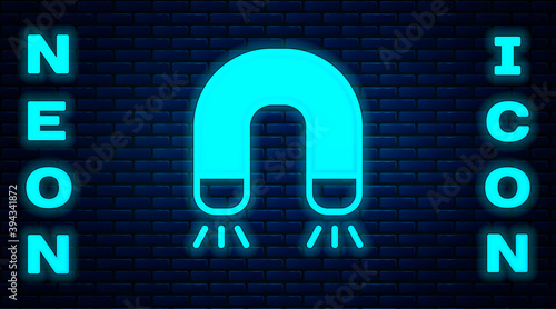 Glowing neon Magnet icon isolated on brick wall background. Horseshoe magnet, magnetism, magnetize, attraction. Vector.