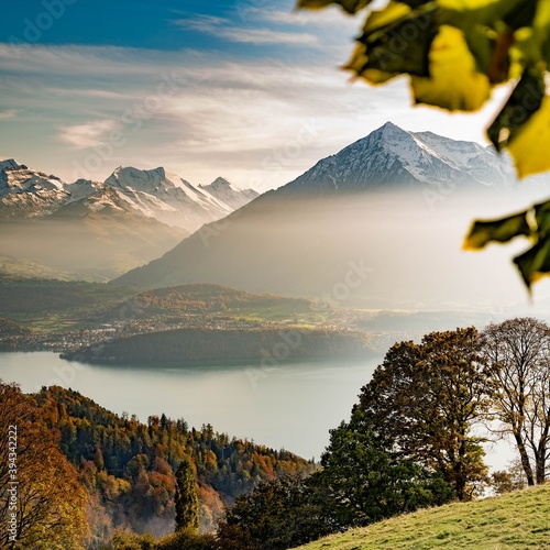 Niesen mountain with lake of Thun photo