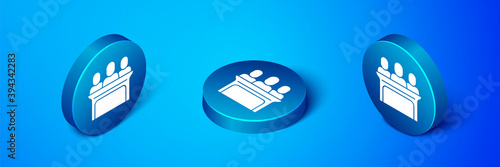 Isometric Jurors icon isolated on blue background. Blue circle button. Vector.