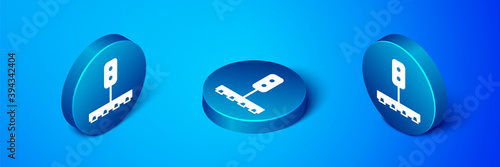 Isometric Train traffic light icon isolated on blue background. Traffic lights for the railway to regulate the movement of trains. Blue circle button. Vector.